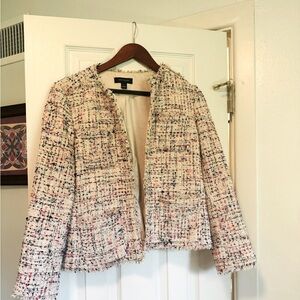 Ann Taylor Tweed Frayed Hem Cream Multi-Color Blazer